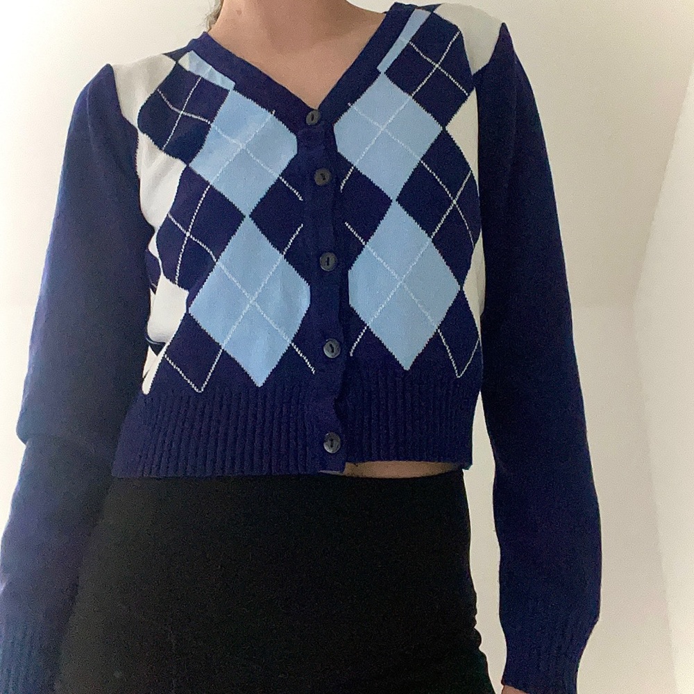 Blue and White Cropped Argyle Button-Up Sweater